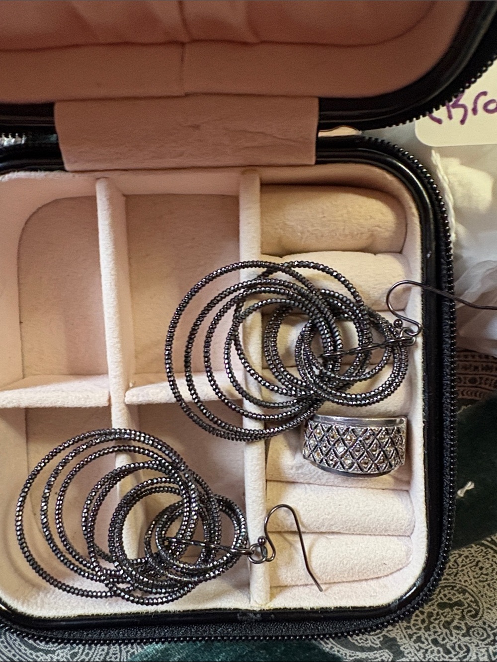 Multi Hoop Spiral Earrings and Textured Ring - Metallic Black